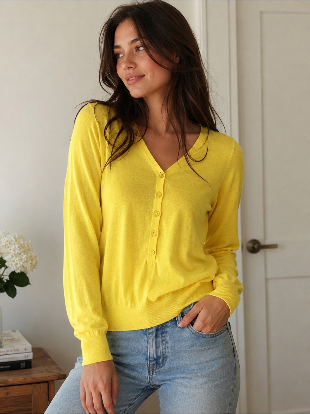 J. Crew 100% Cotton Sunny Yellow V-Neck Button Pullover - Picture 1 of 10